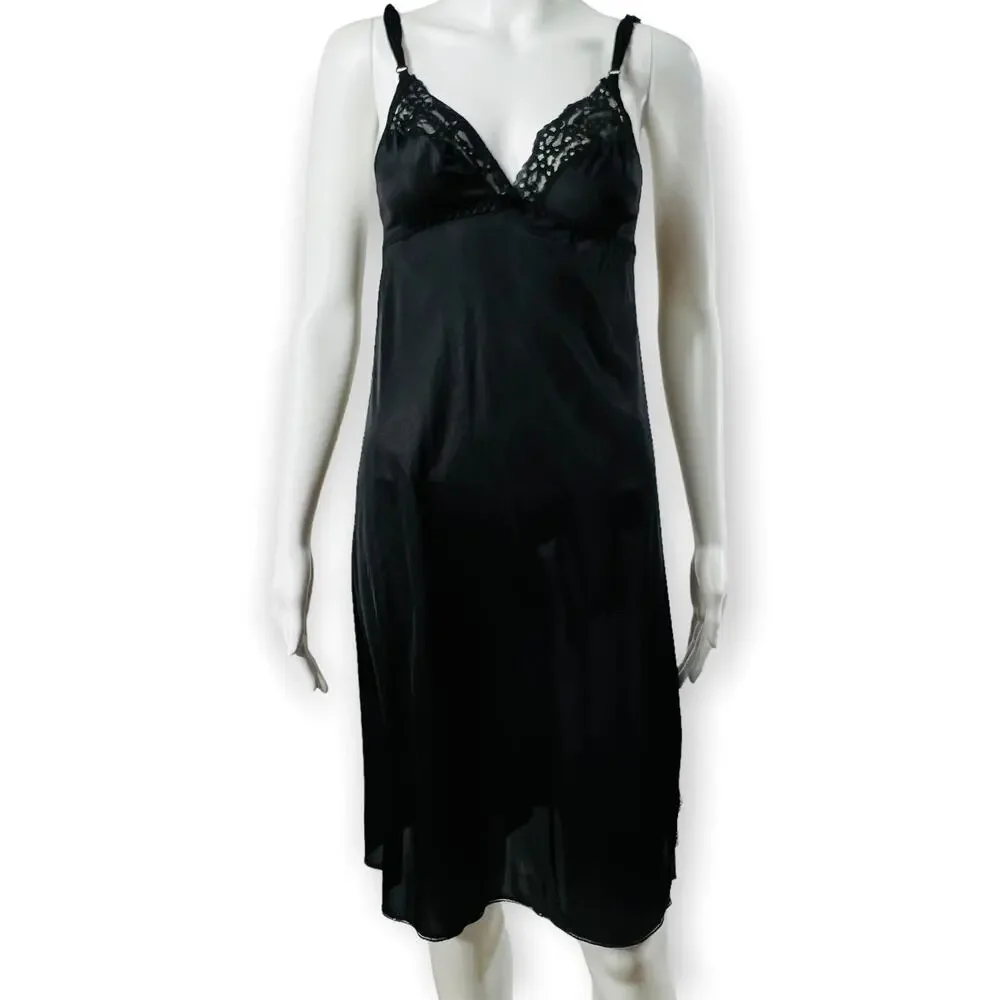 JC Penney Full Slip 34C Black Nylon Lace Lingerie Coquette Bridal USA Vintage